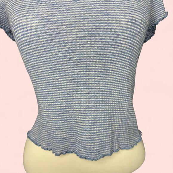 Abercrombie & Fitch XS Lettuce Hem Ribbed Baby Tee Crop Top – Blue Stripe Y2K - Picture 5 of 8